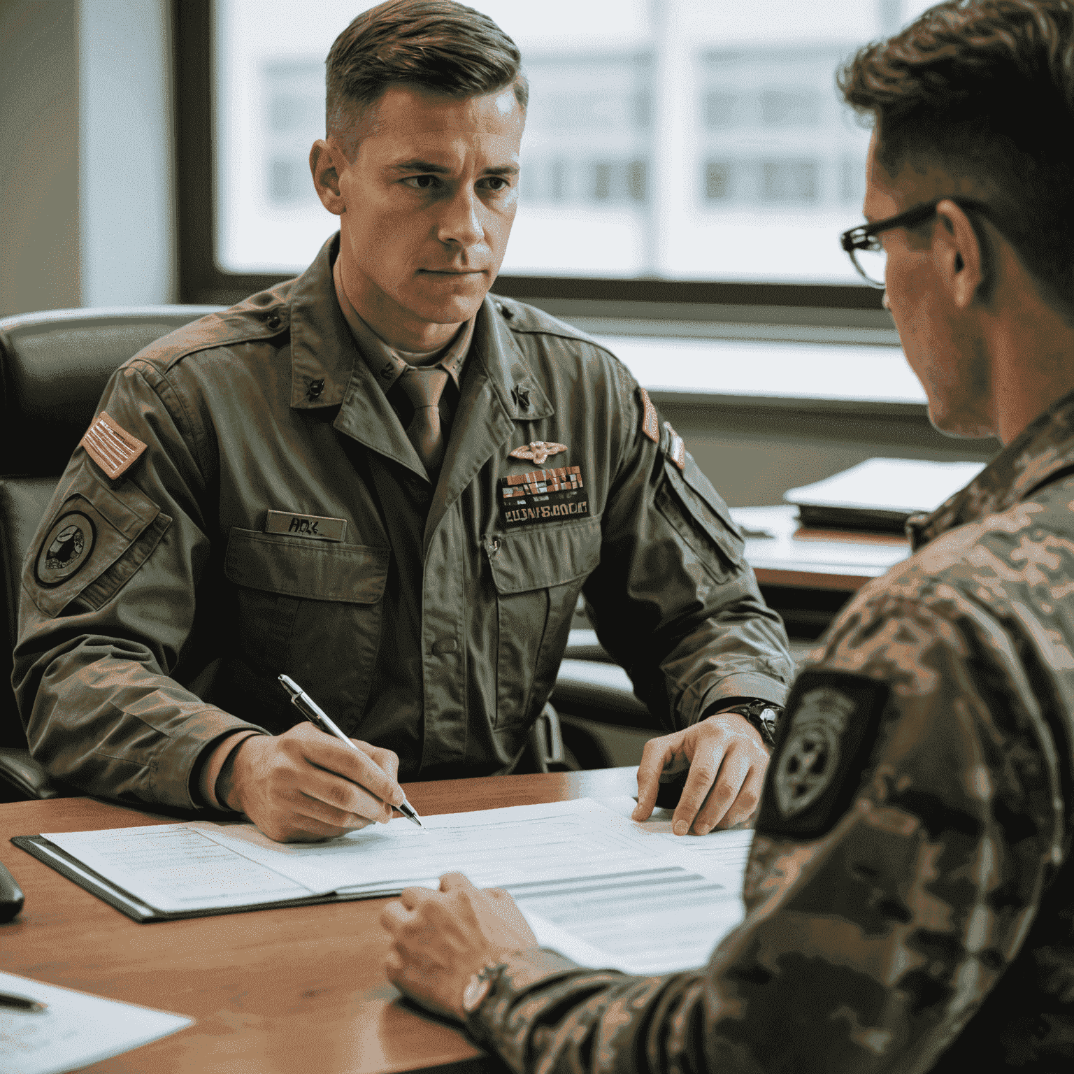 A military personnel reviewing financial documents with a Dfas consultant, showcasing the personalized approach of Dfas consulting services