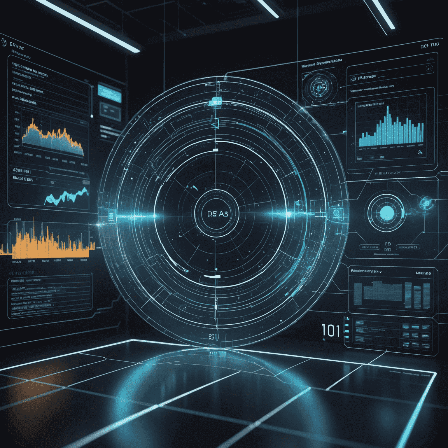 Futuristic visualization of Dfas systems with holographic interfaces and data streams, showcasing advanced technology in financial management