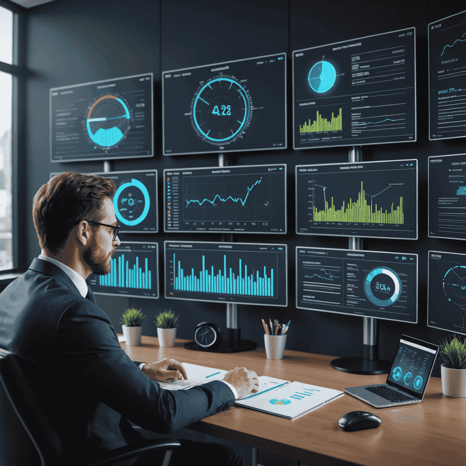 A professional consultant sitting at a desk with holographic displays showing Dfas-related information and personal growth charts