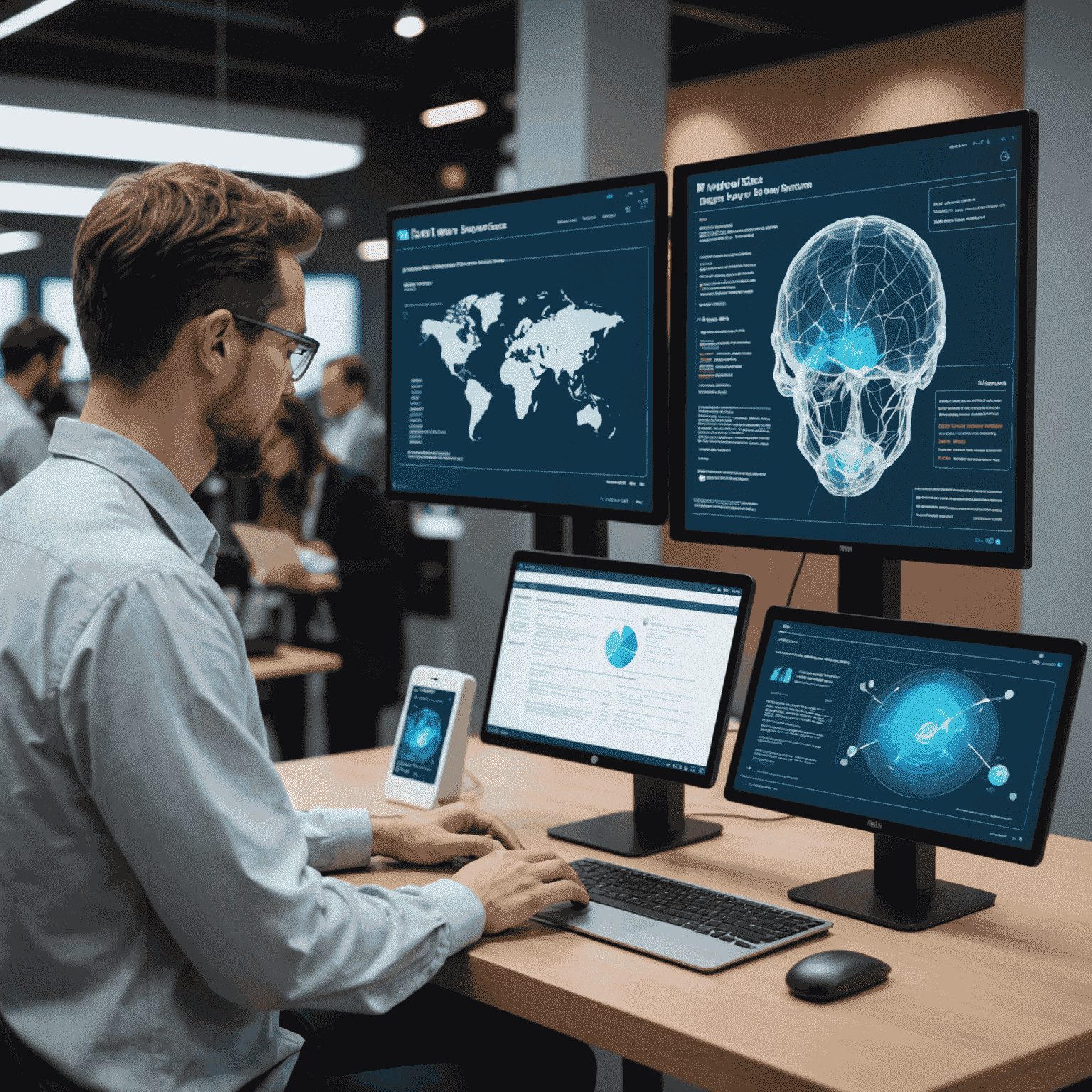 Researchers analyzing Dfas documents and digital systems, with holographic displays showing Dfas MyPay interfaces