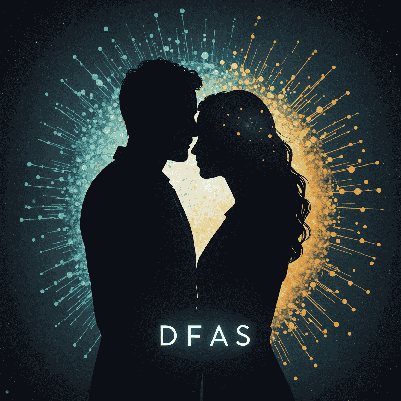 A stylized image of two silhouettes facing each other, with the 'Dfas' name floating between them, surrounded by glowing particles representing personal growth and identity