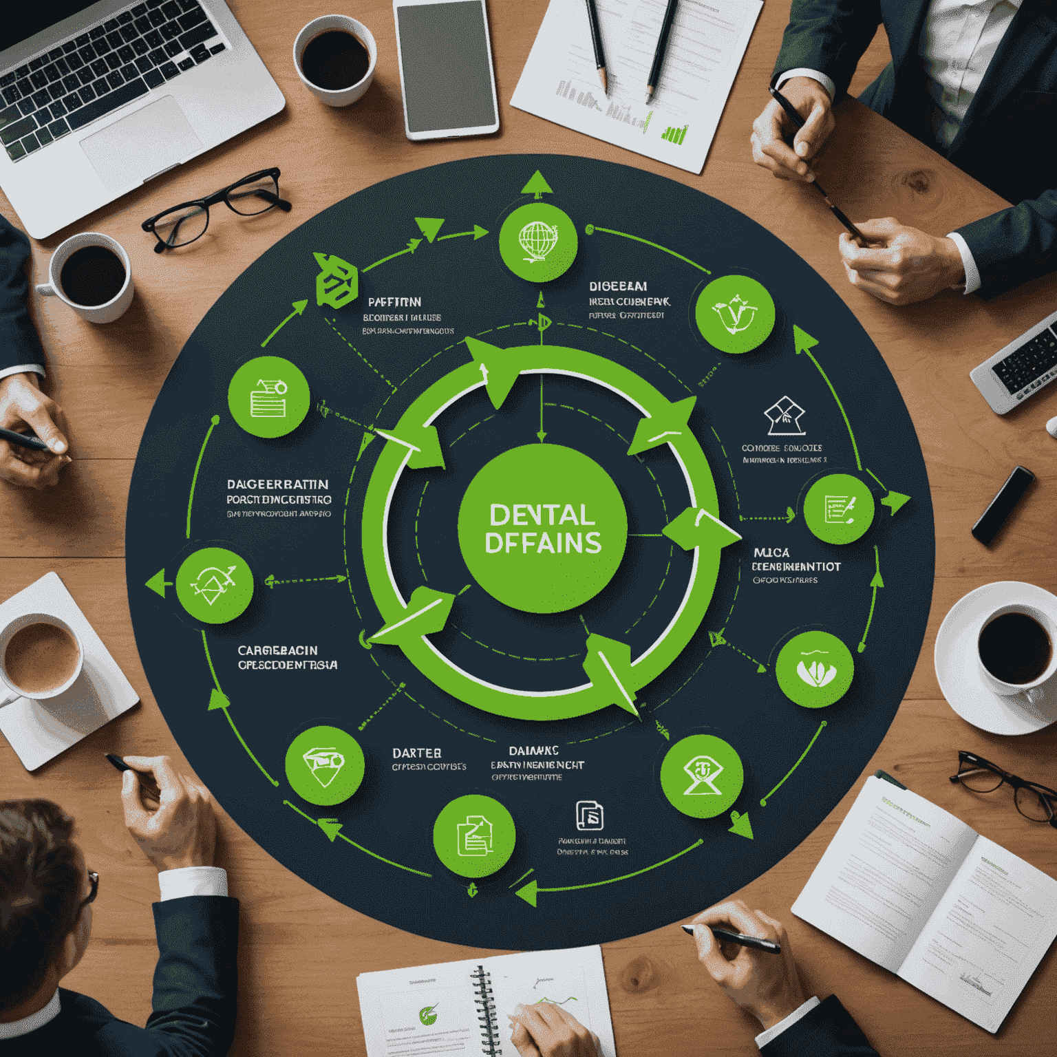 A dynamic presentation showing Dfas consulting process. Neon green arrows connecting various business aspects to the central Dfas logo, symbolizing comprehensive strategy.