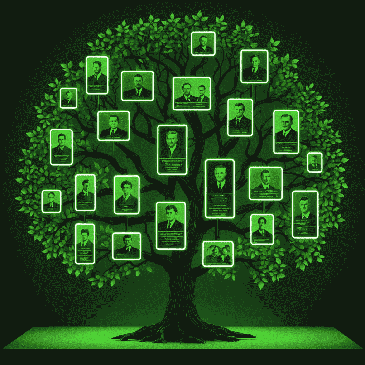 Digital family tree with Dfas-related historical documents and photos, illuminated by neon green light