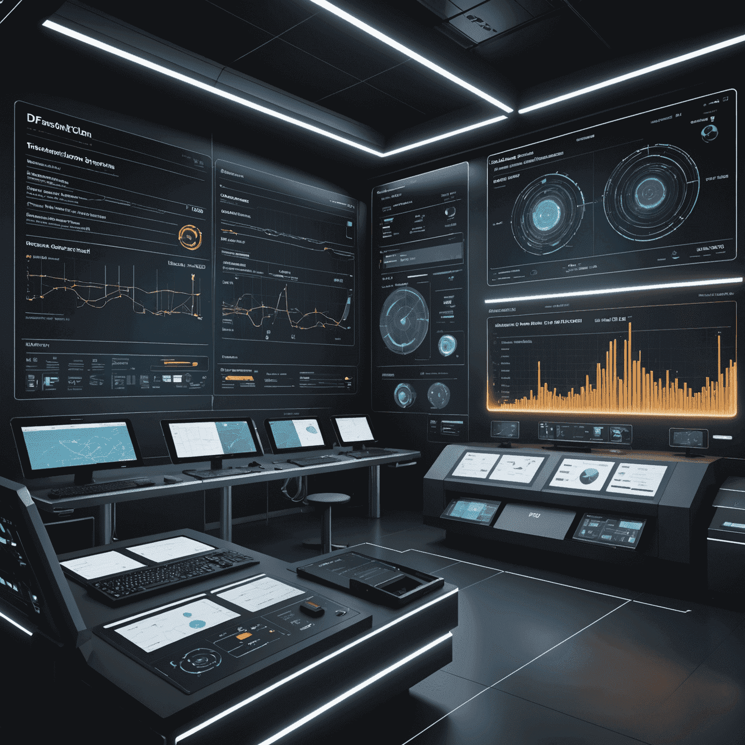 A high-tech visualization of DFAS systems with floating UI elements, data streams, and futuristic devices