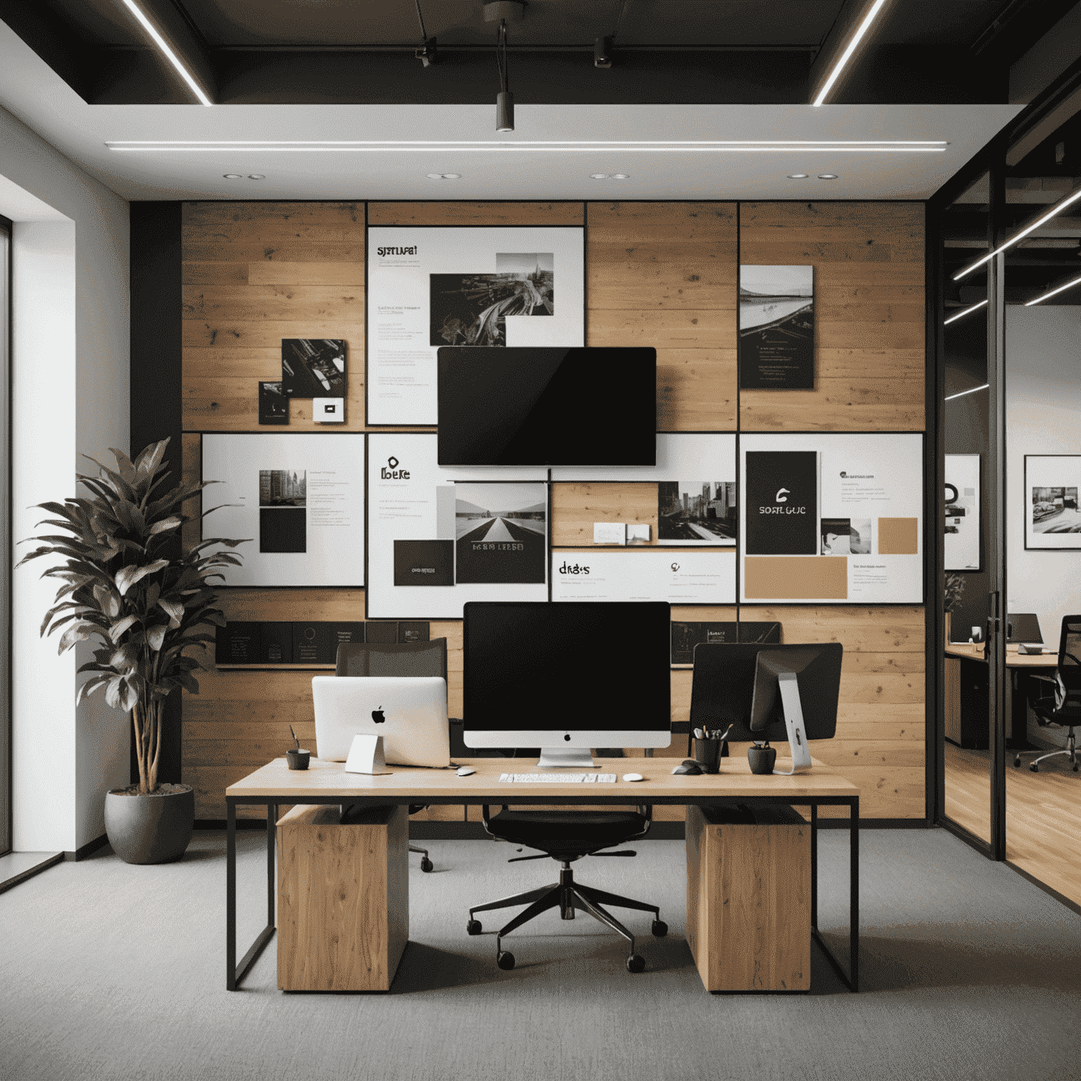 A sleek, modern office space with 'Dfas' prominently displayed on wall art, business cards, and digital screens, showcasing its integration into corporate branding