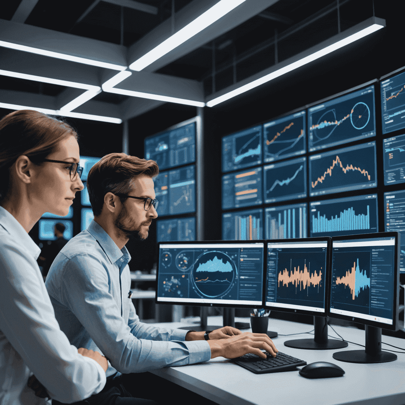 Researchers collaborating in a high-tech environment with multiple screens displaying various Dfas-related data and visualizations