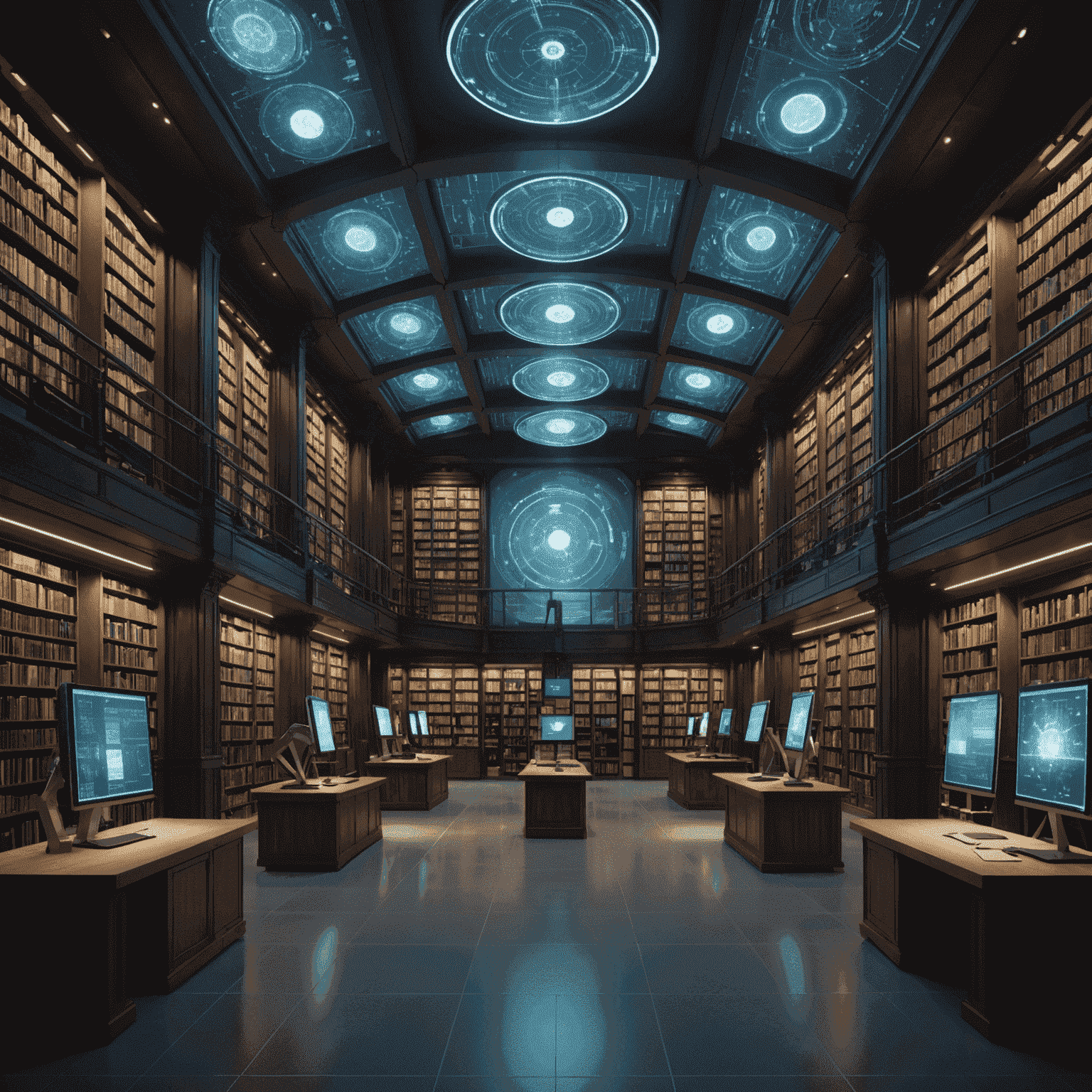 A futuristic library or research center with holographic screens displaying Dfas-related data, genealogical trees, and historical timelines